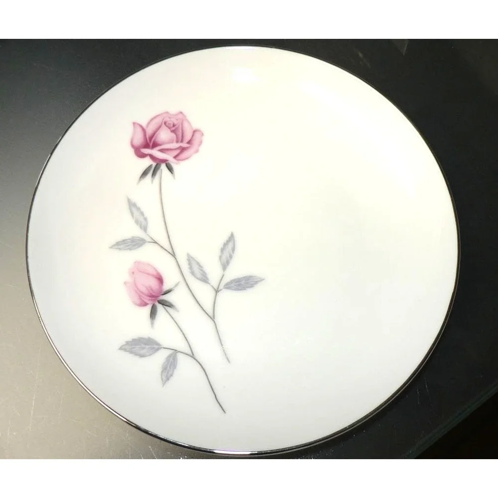 Belair by Nasco Japan 6.5 Bread & Butter Plate Pink Rose Gray Leaves Silver Trim